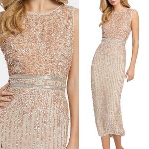 Mac Duggal NEW SLEEVELESS HIGH NECK BEADED MIDI SHEATH DRESS Nude